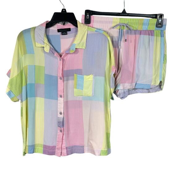 Sanctuary Medium Pajama Set Button-Up Striped Short Sleeve Lightweight Multi - Picture 3 of 10